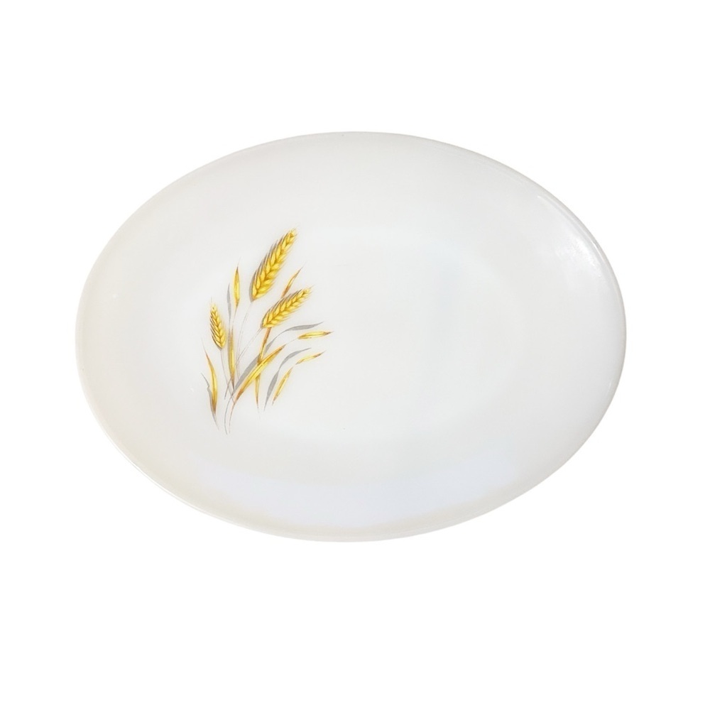 Vintage Milk Glass Oval FireKing Serving Plate w/Golden Wheat Pattern Farmhouse